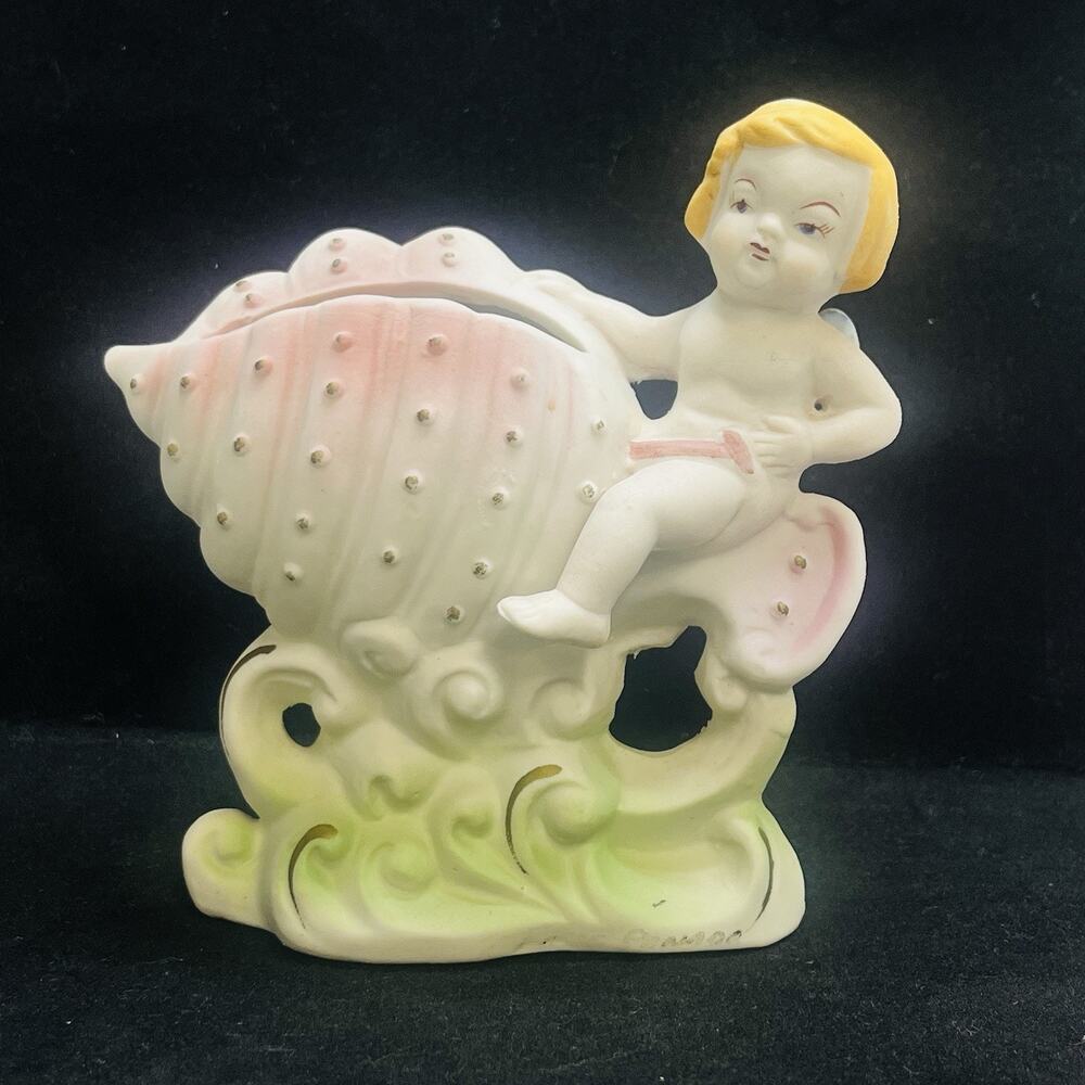 cherub angel figure seated on seashell 5 inch vintage porcelain planter figurine